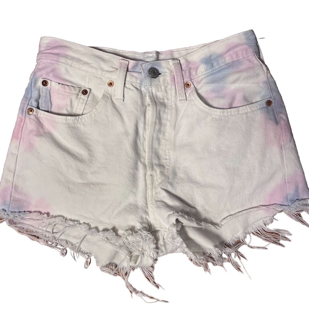 Levi's 501 High Waist Tie Dye Cut Off Jean Shorts Women's 26 White Button